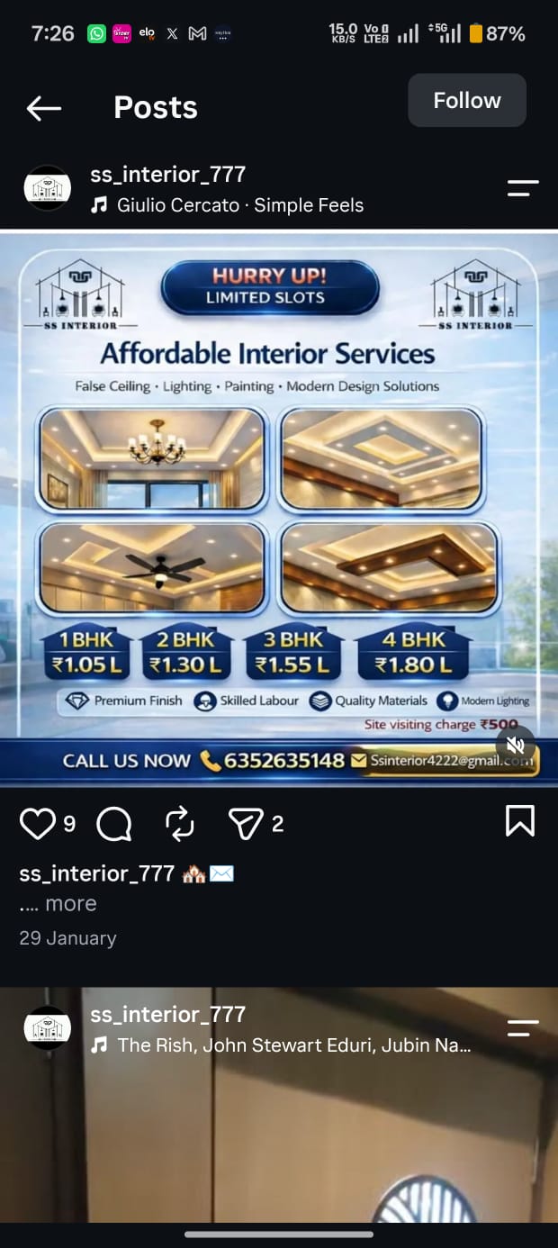 SS Interior poster — Affordable interior services with false ceiling, lighting and painting price tags