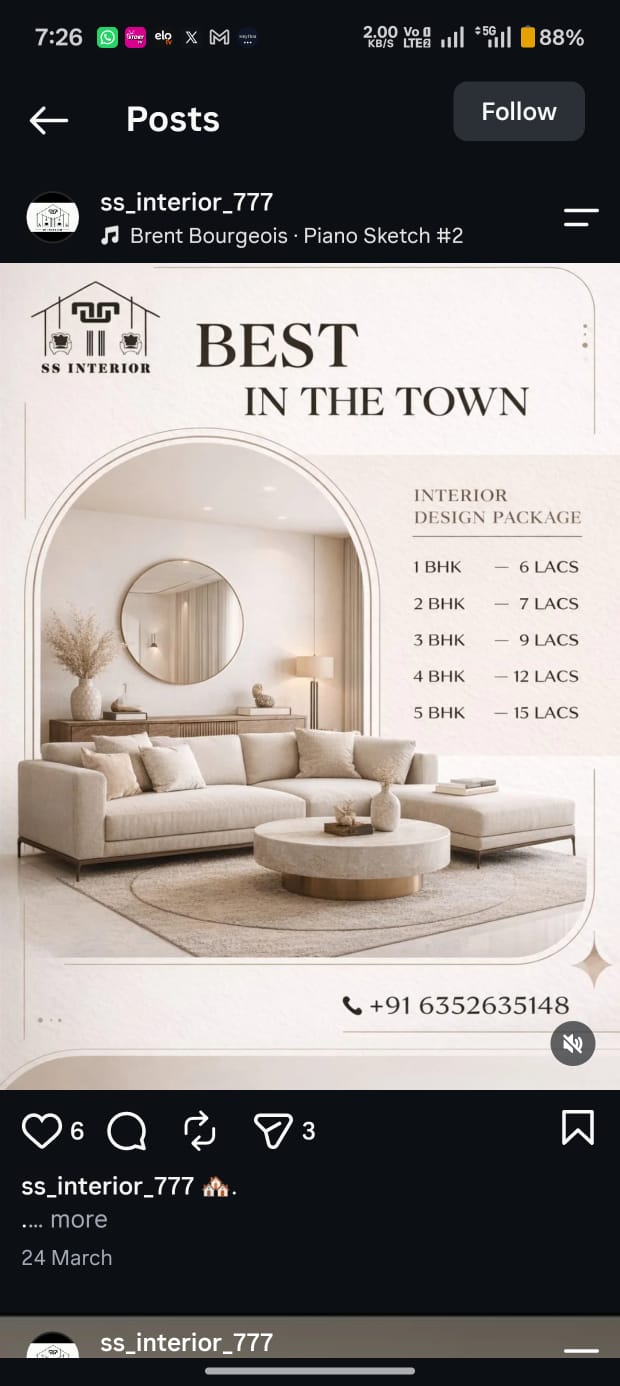 SS Interior poster — Best in the town, interior design package price list from 1 BHK to 5 BHK