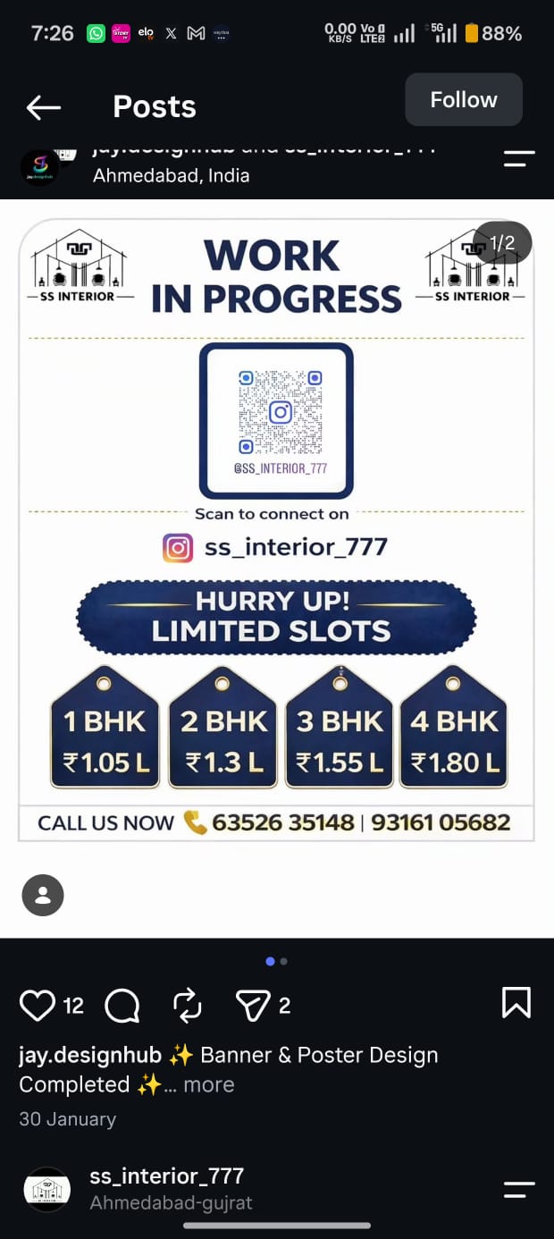 SS Interior poster — Work in progress with Instagram QR code and BHK pricing